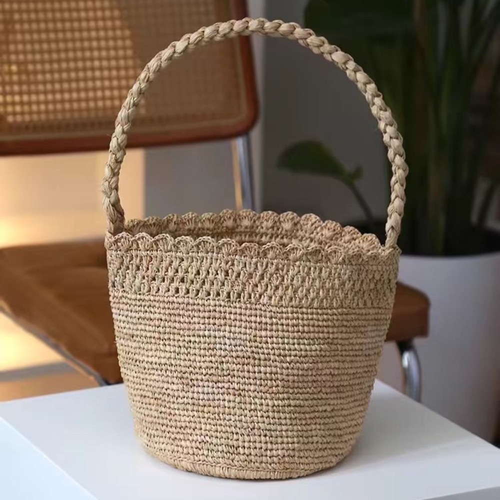 Women'S Raffia Bags - Handgemachte gehäkelte Stroh-Eimertasche, böhmische Bast-Damen-Handtasche, Reise-Strandtasche,